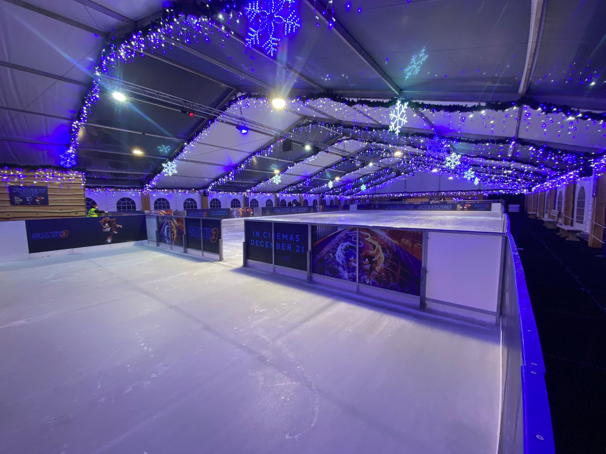 Bluewater ice rink 2024, sponsored by Paramount Pictures and Sonic the Hedgehog 3. A nursery rink and main rink at night with twinkling lights