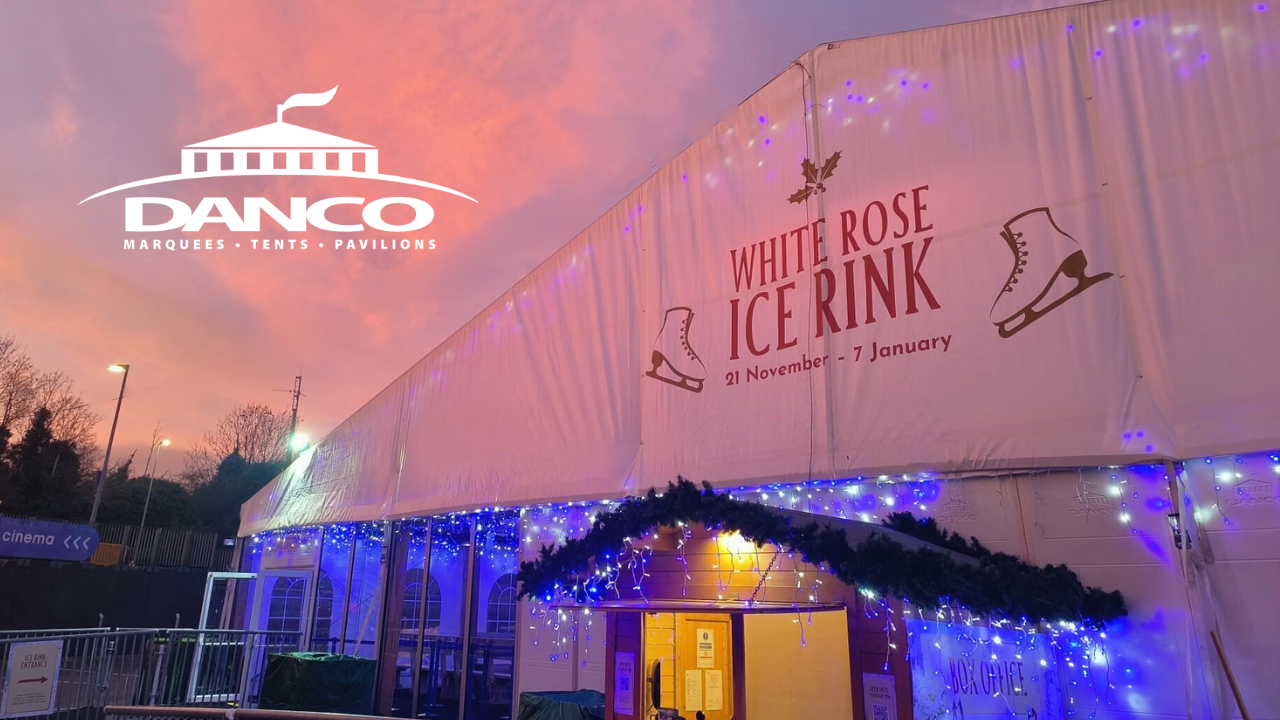 A Danco white marquee structure at a winter ice rink at a shopping centre in Leeds. 