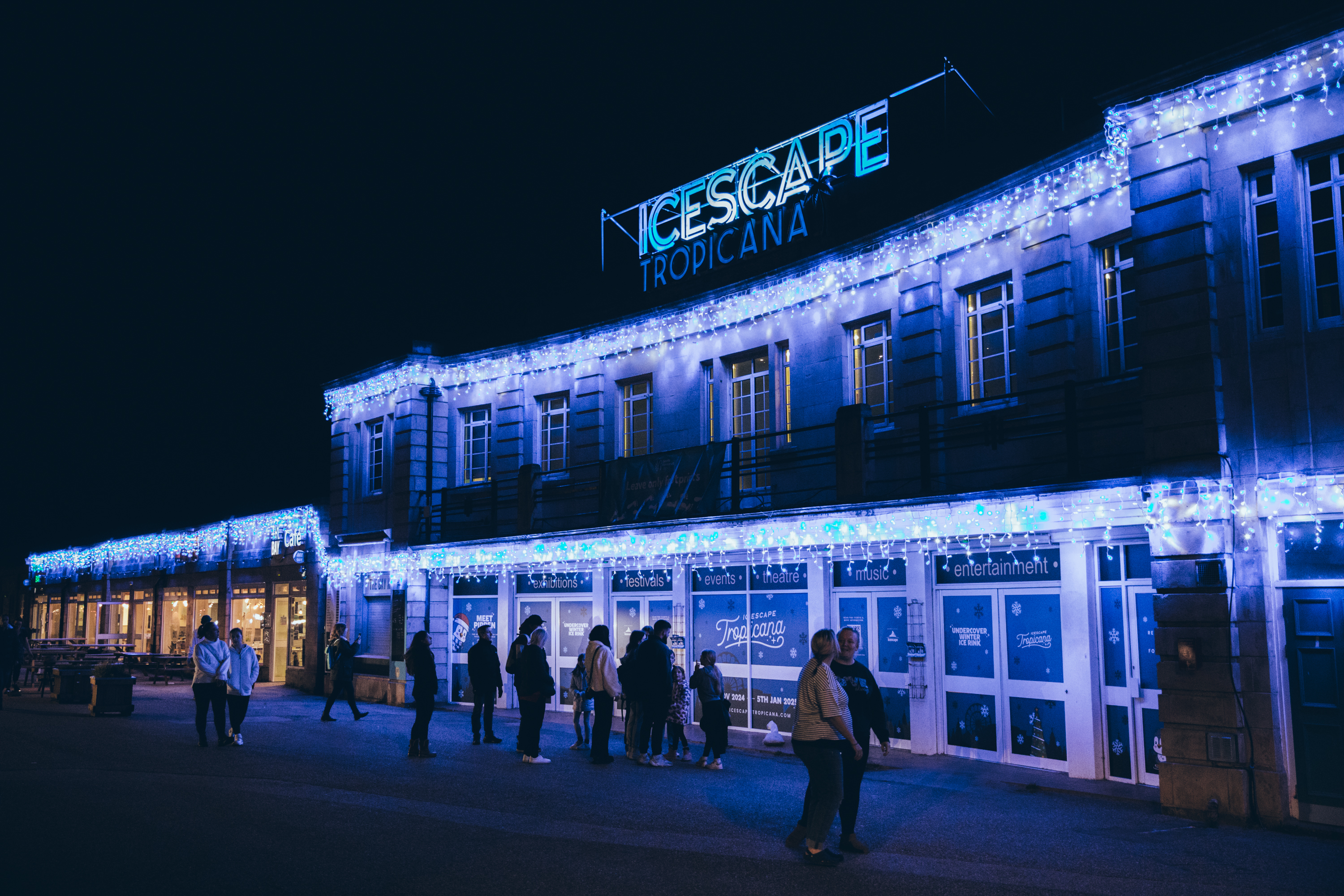 The main entrance to Icescape Tropicana 2024. The famous Tropicana building was previously used as a lido and for this event house a temporary real ice rink, 